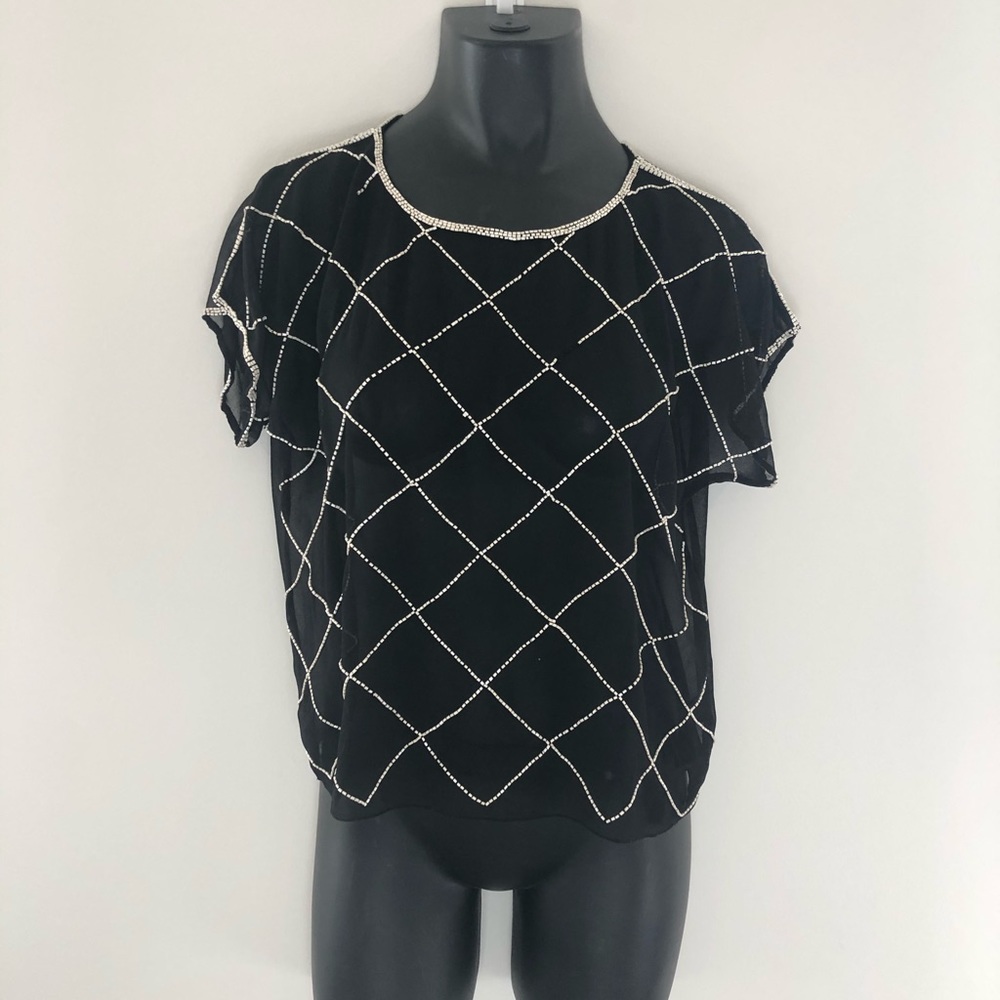 Women’s Sheer Black Beaded Short Sleeve Shirt